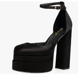 FOWT Black Thick Platform Square Toe Pumps Block High Heels Ankle Strap Shoes